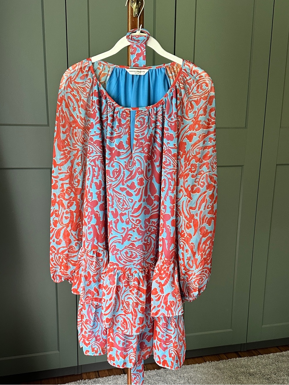 Amanda Uprichard Blue and Red Printed Long-Sleeve Dress
